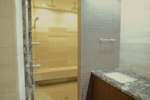 Custom Limestone / Sand stone Minimalist Modern Walk in Shower in Westlake Tx / Austin Tx by Vintage Modern Design Build