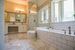 Victorian Bathroom Remodel in Austin Subway Tile Calcatta Gold Marble by Vintage Modern Design Build