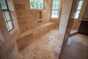 Custom Milled Travertine Walk in Shower Westlake / Austin Tx by Vintage Modern Design Build