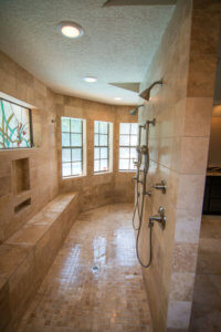 Custom Milled Travertine Walk in Shower Westlake / Austin Tx by Vintage Modern Design Build