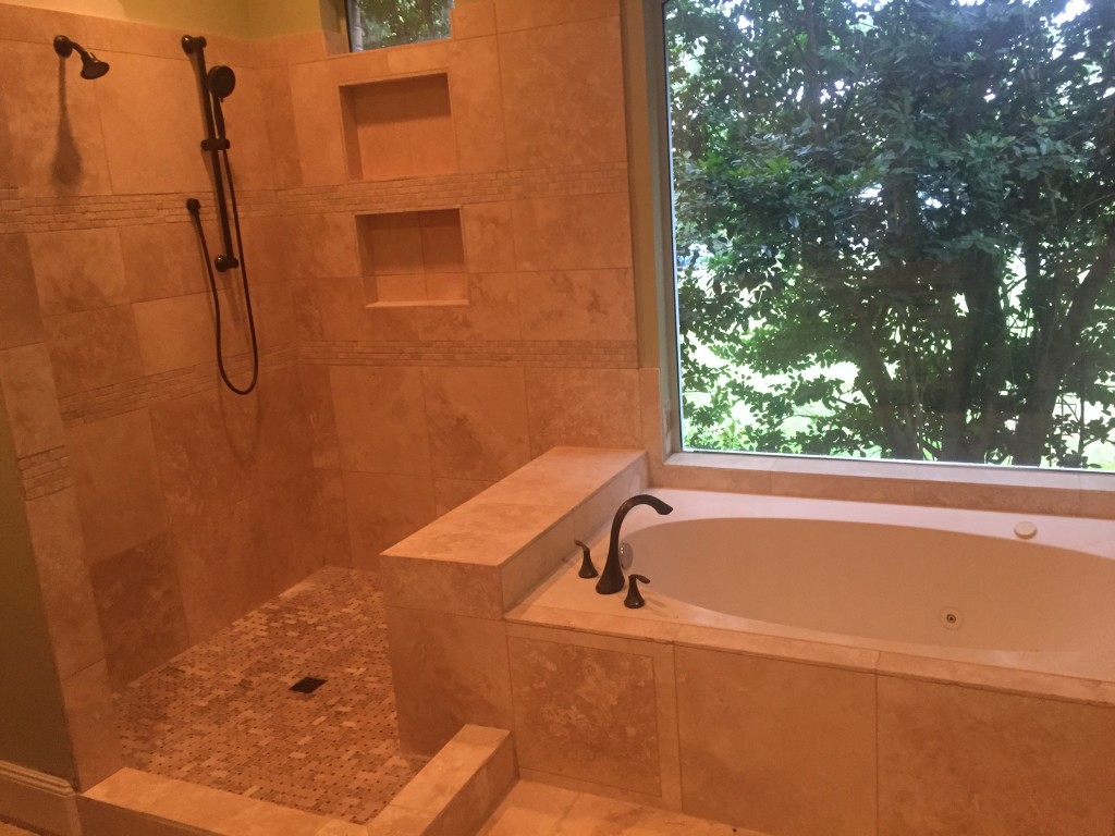 Westlake Travertine Shower Master Bathroom Remodeling by Vintage Modern Design Build