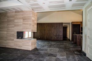 Custom Minimalist Modern Peninsula style Fireplace Vintage Modern Design Build Austin Tx