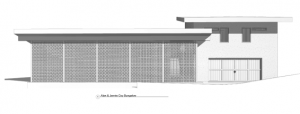 Vintage Modern front elevation for the construction of a Mid Century Modern Bungalow. Lakeway Tx