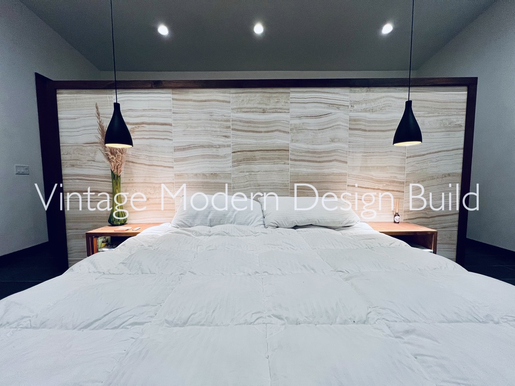 Minimalist Modern Custom Walnut platform bed w/ Onyx Headboard Austin TX